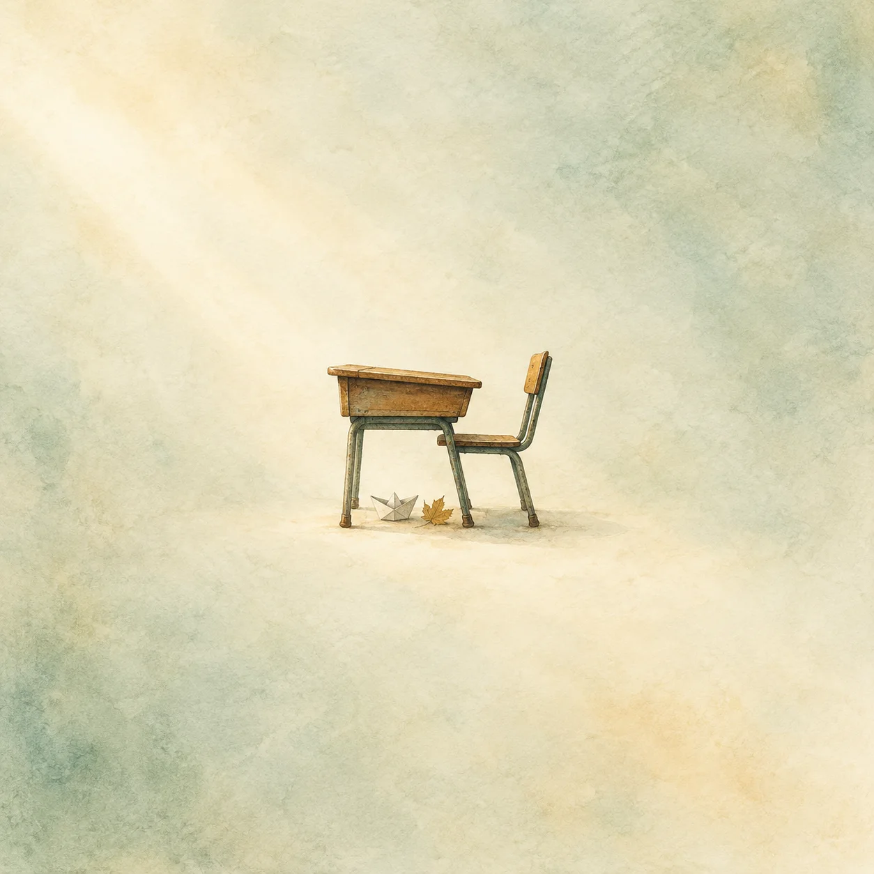 A small wooden school desk with a paper boat and a leaf on the floor beneath it.