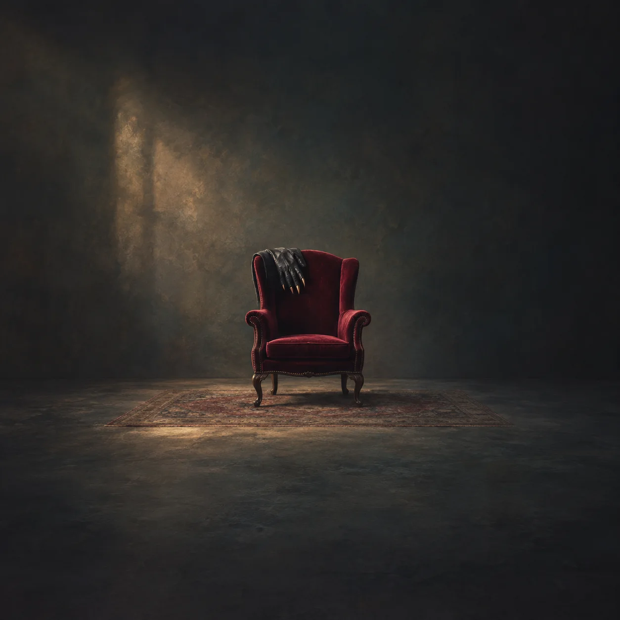 Painterly black glove draped over a red velvet armchair in a dim room.