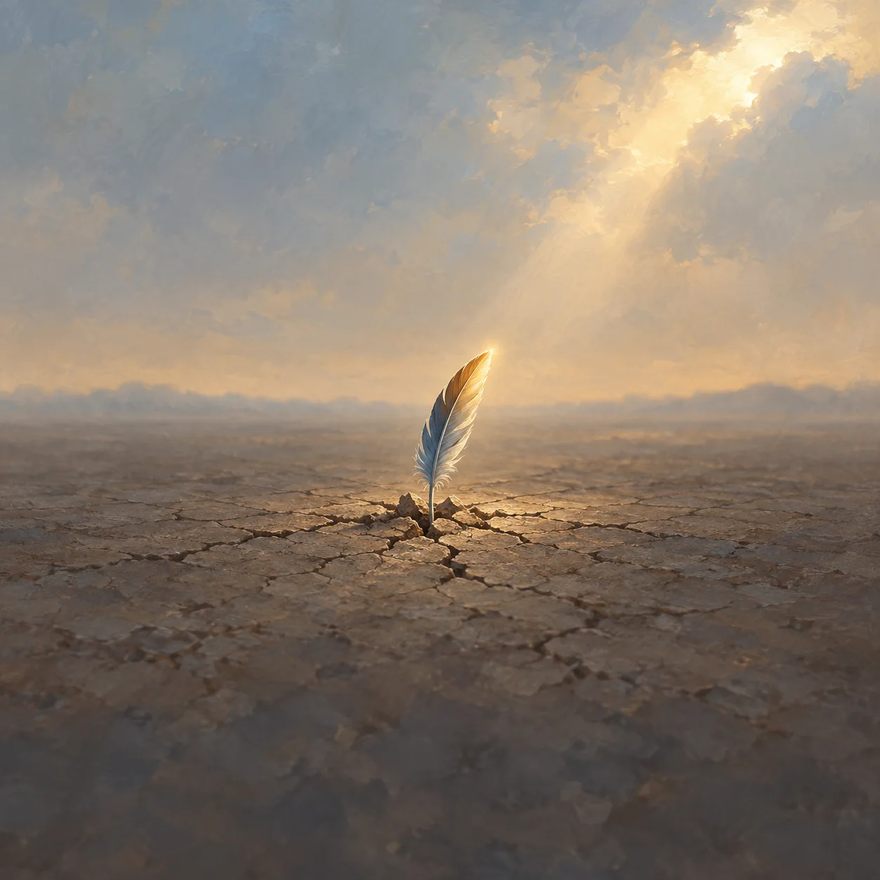 A single feather rises from cracked dry earth into a shaft of golden sunlight.