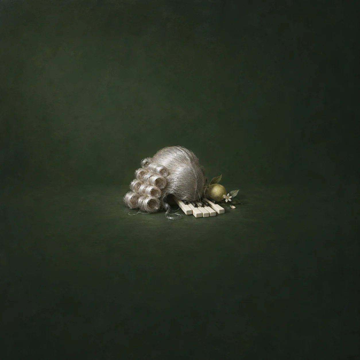 A mound of silver curls beside a row of white tiles on a dark green background.