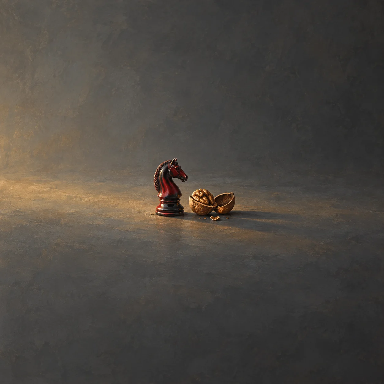 A red and black chess knight next to a cracked walnut on a dark surface.