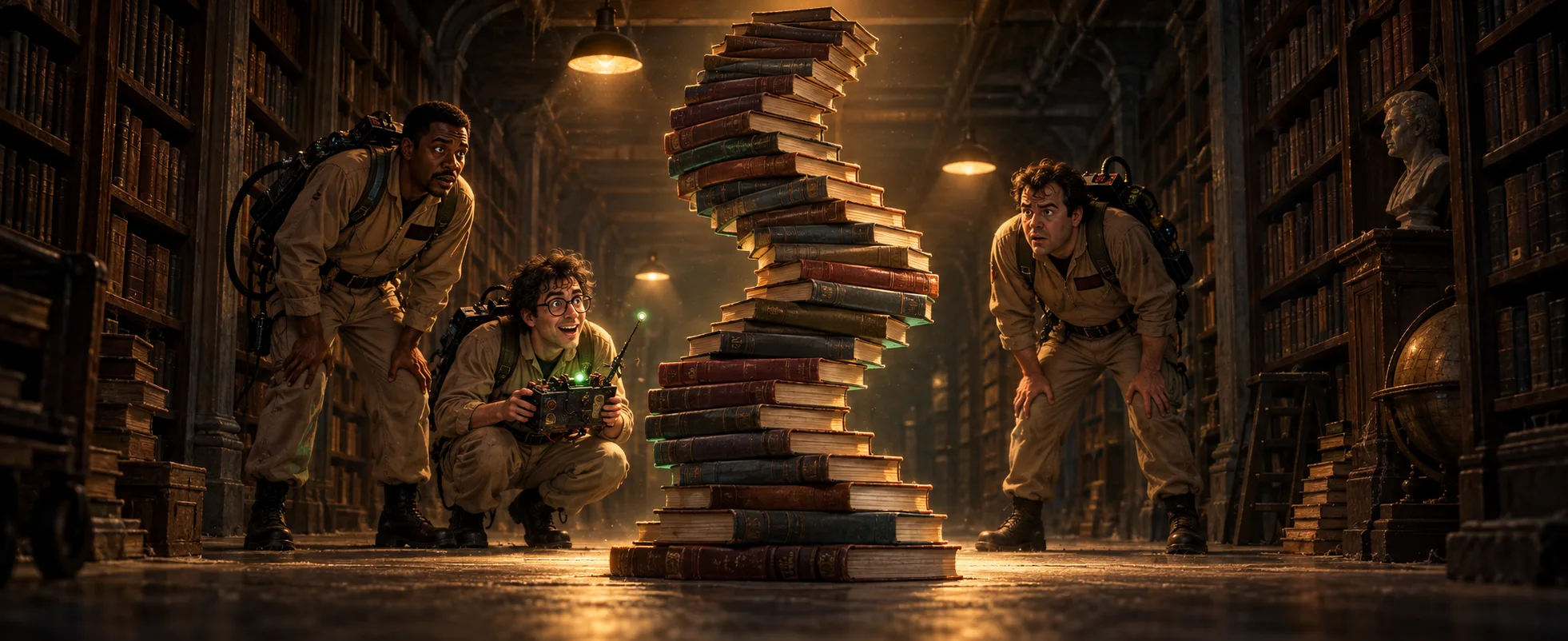 Three men in tan jumpsuits peer at an impossibly neat spiral tower of books in the dim stacks of a library.