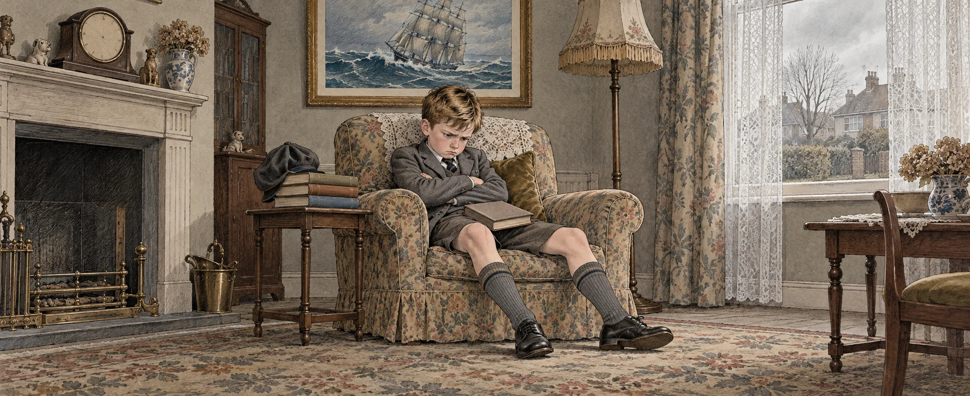 A sulky boy in a grey school uniform sprawls in an armchair with his arms folded in a prim, sparsely furnished parlour.