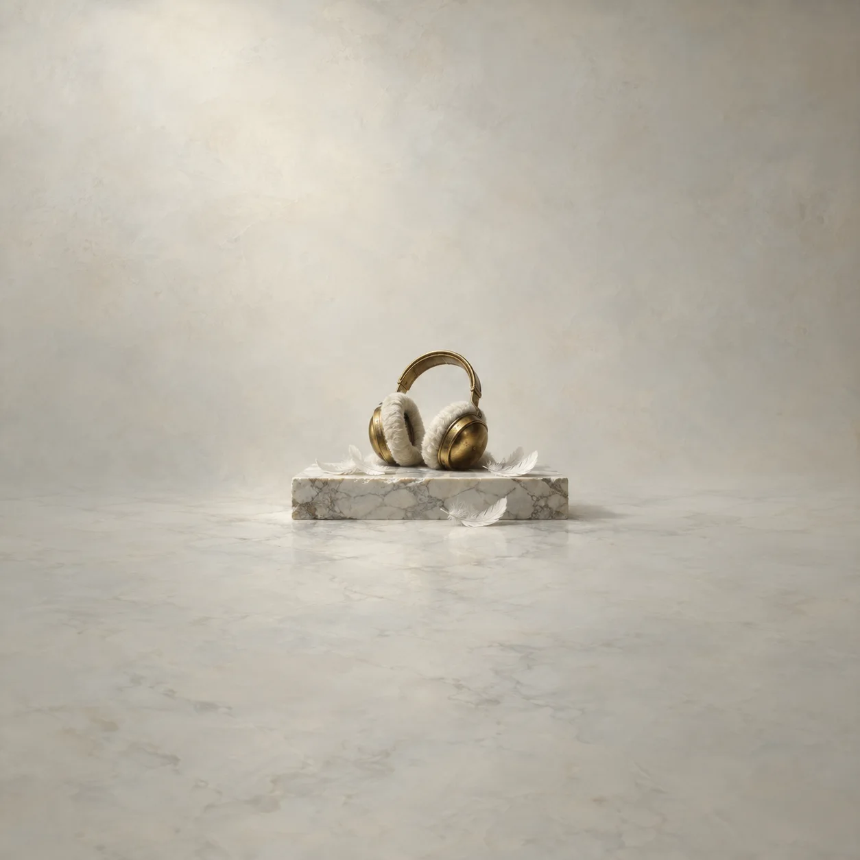 Fur-padded brass earmuffs rest on a white marble ledge beside scattered white feathers.