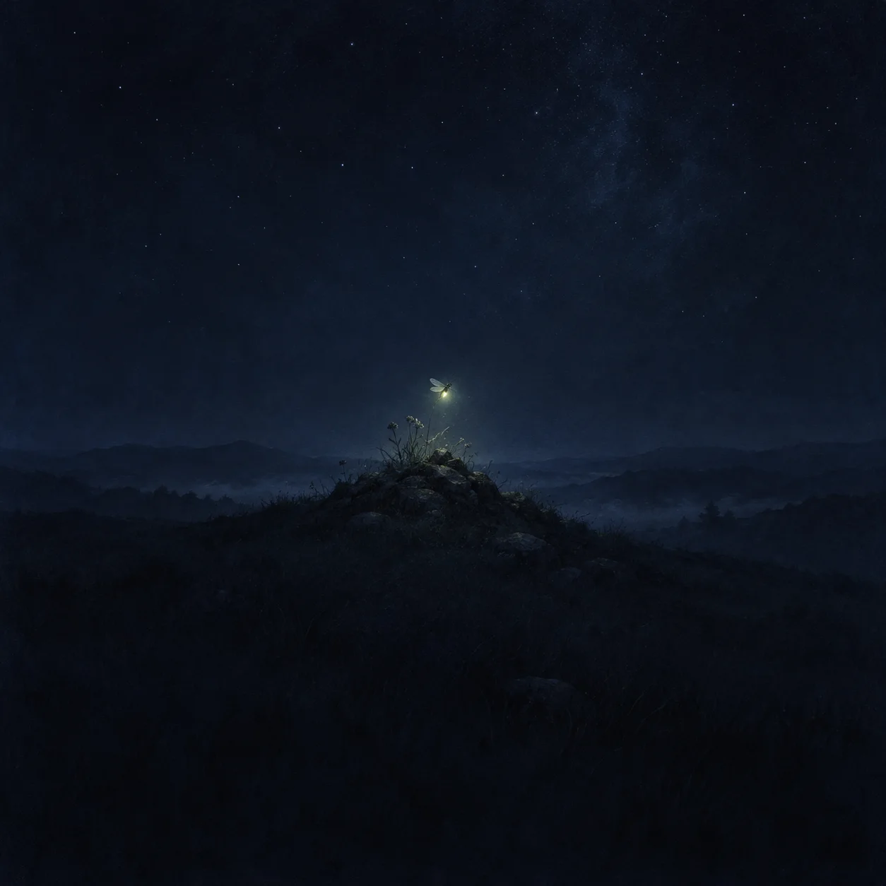 A glowing firefly above a small dark mound on an ink-blue hill.