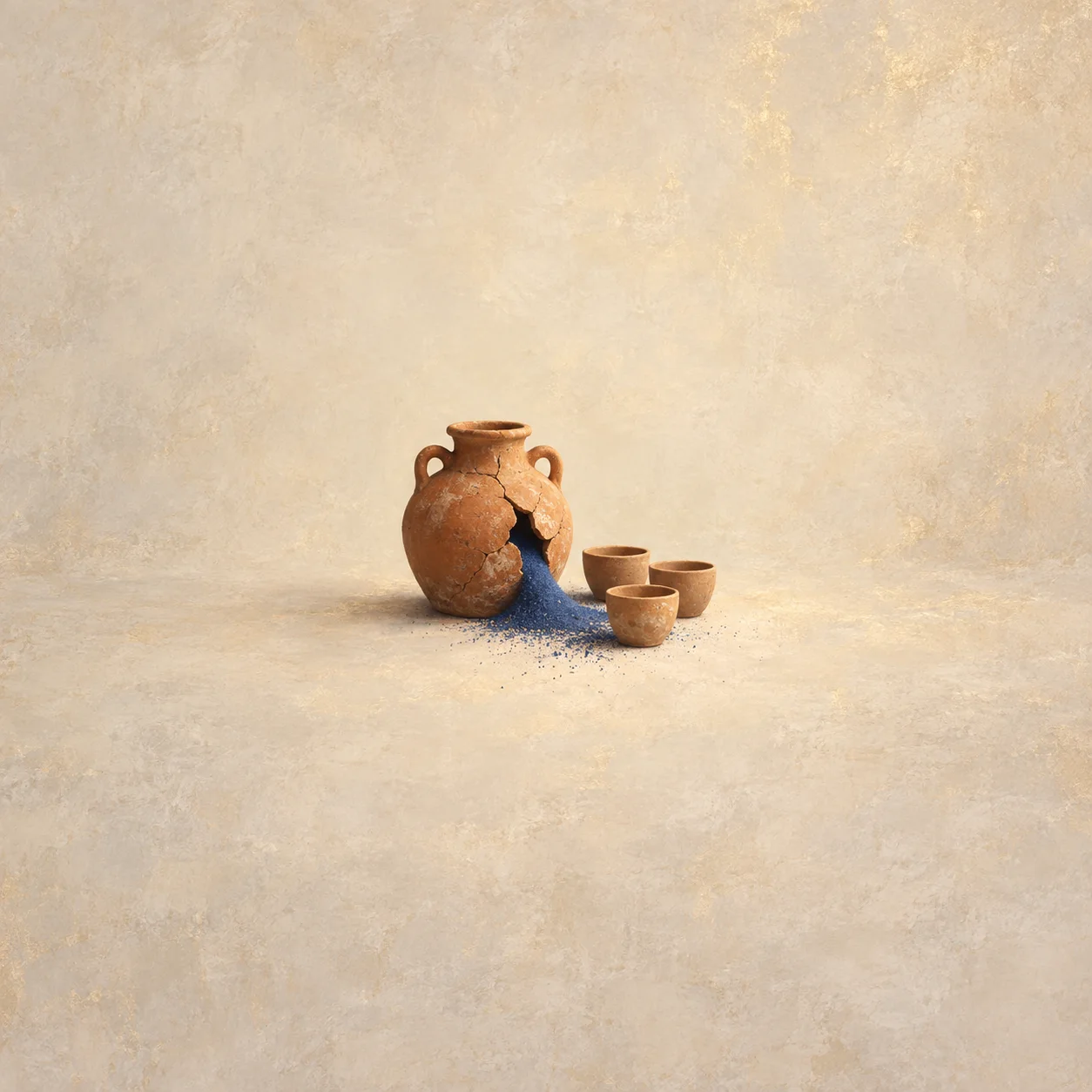 Dark-blue sand spills from a cracked terracotta jar beside three small clay cups on a cream surface.