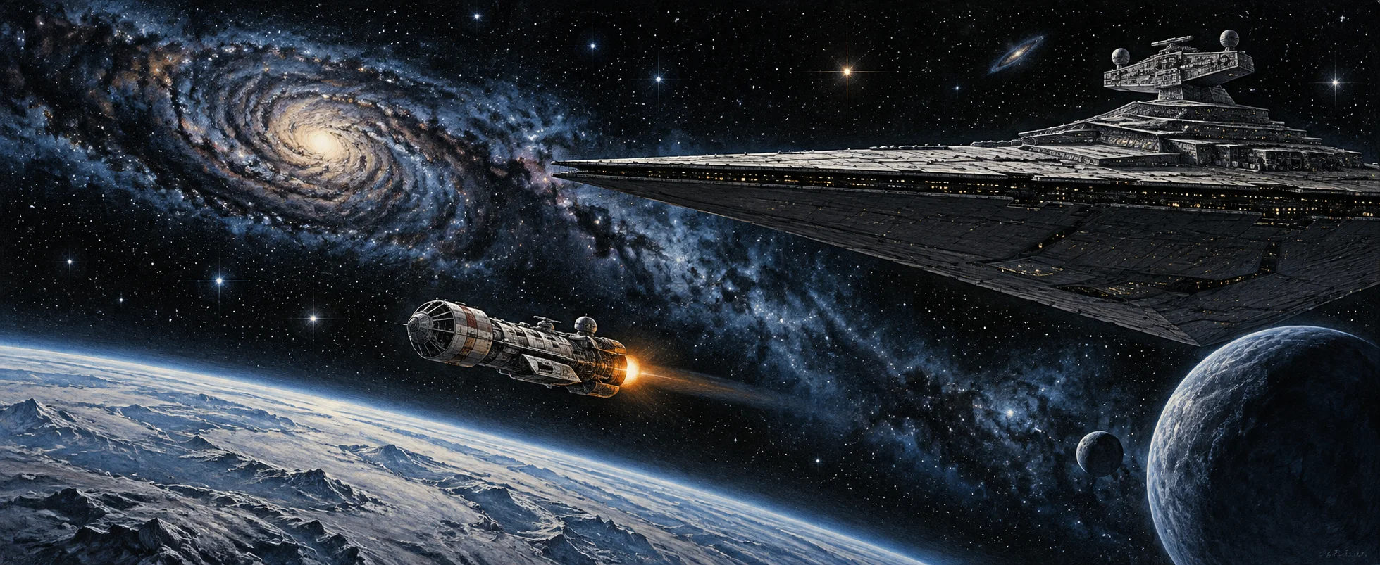 A small blockade runner races away from a vast wedge-shaped warship across a deep starfield.