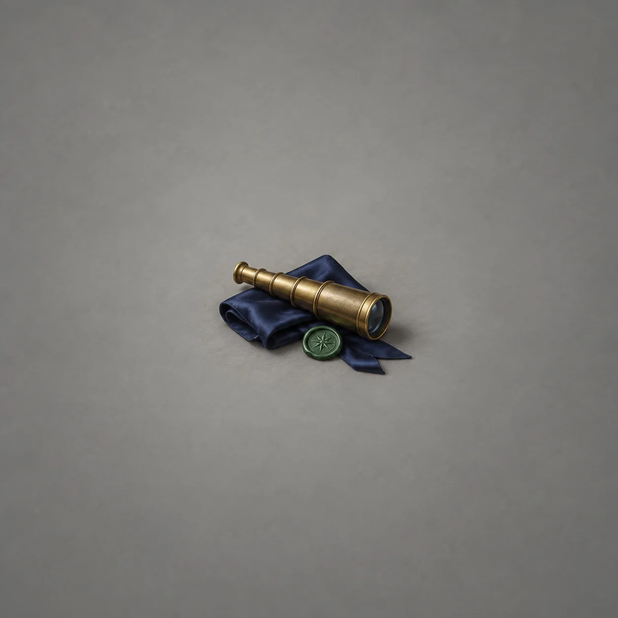 A brass spyglass lying across folded navy cloth beside a round green seal against a gray background.