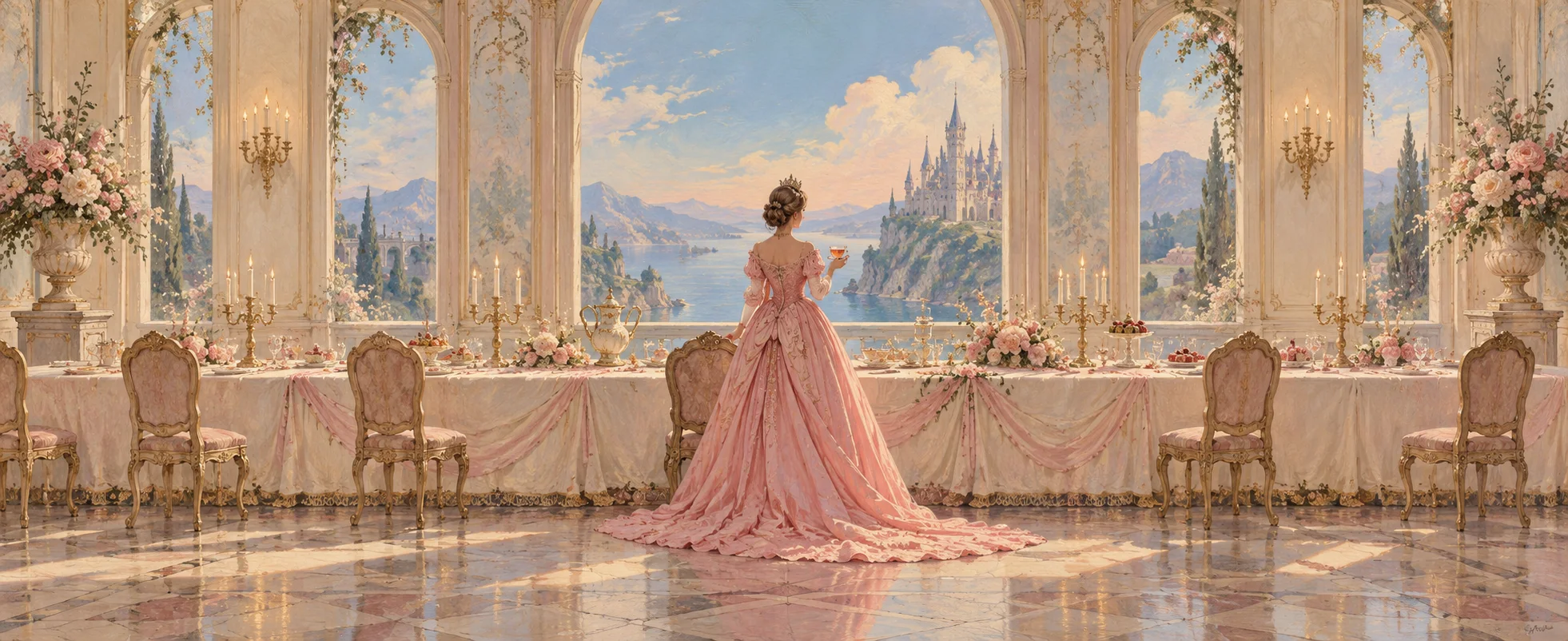 A princess in a pink gown stands before a long banquet table in a sunlit castle hall.