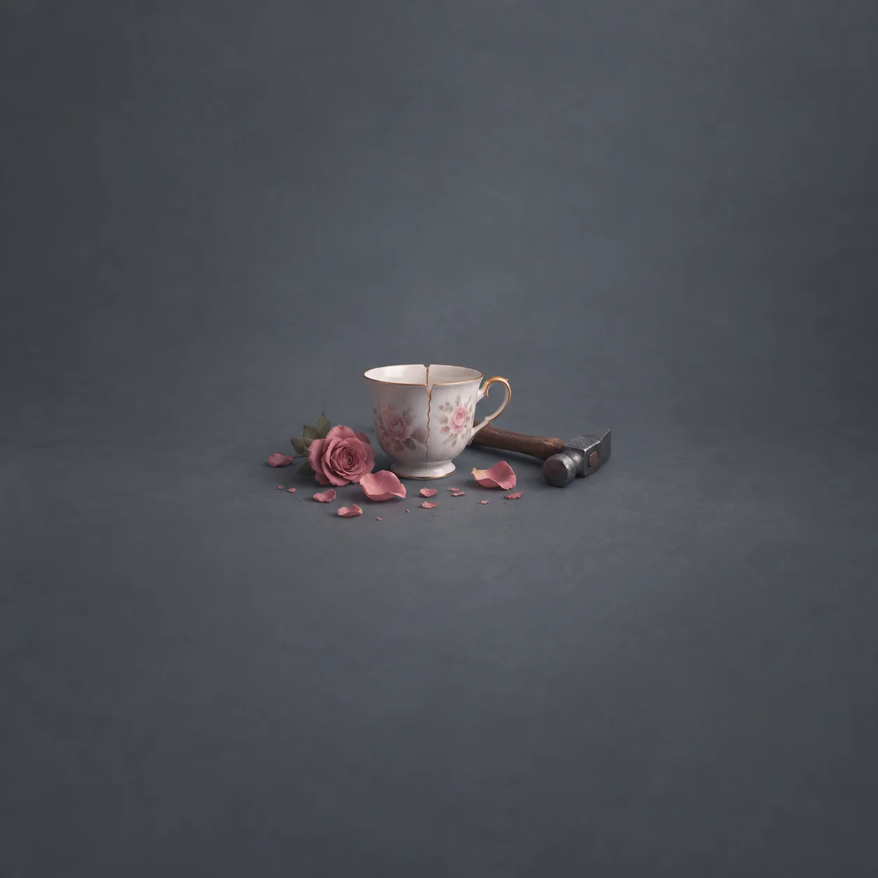 A cracked floral teacup beside a small hammer, a pink rose and scattered petals on a slate grey surface.