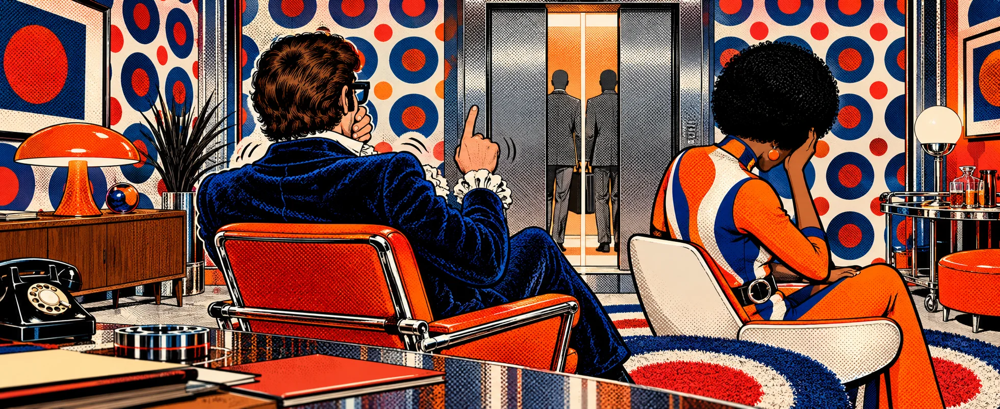 A mod spy office in red, white and blue op-art: a man in a blue velvet suit and horn-rimmed glasses covers his mouth and wags a finger, a woman with an afro hides her face, lift doors closing behind.