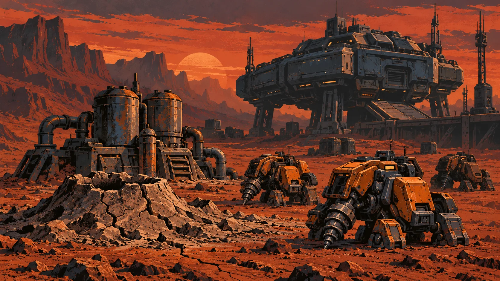 Orange Terran construction mechs with drill arms sit idle beside an exhausted, cracked geyser and a rusting refinery on a red desert world, a command center on stilts behind them.
