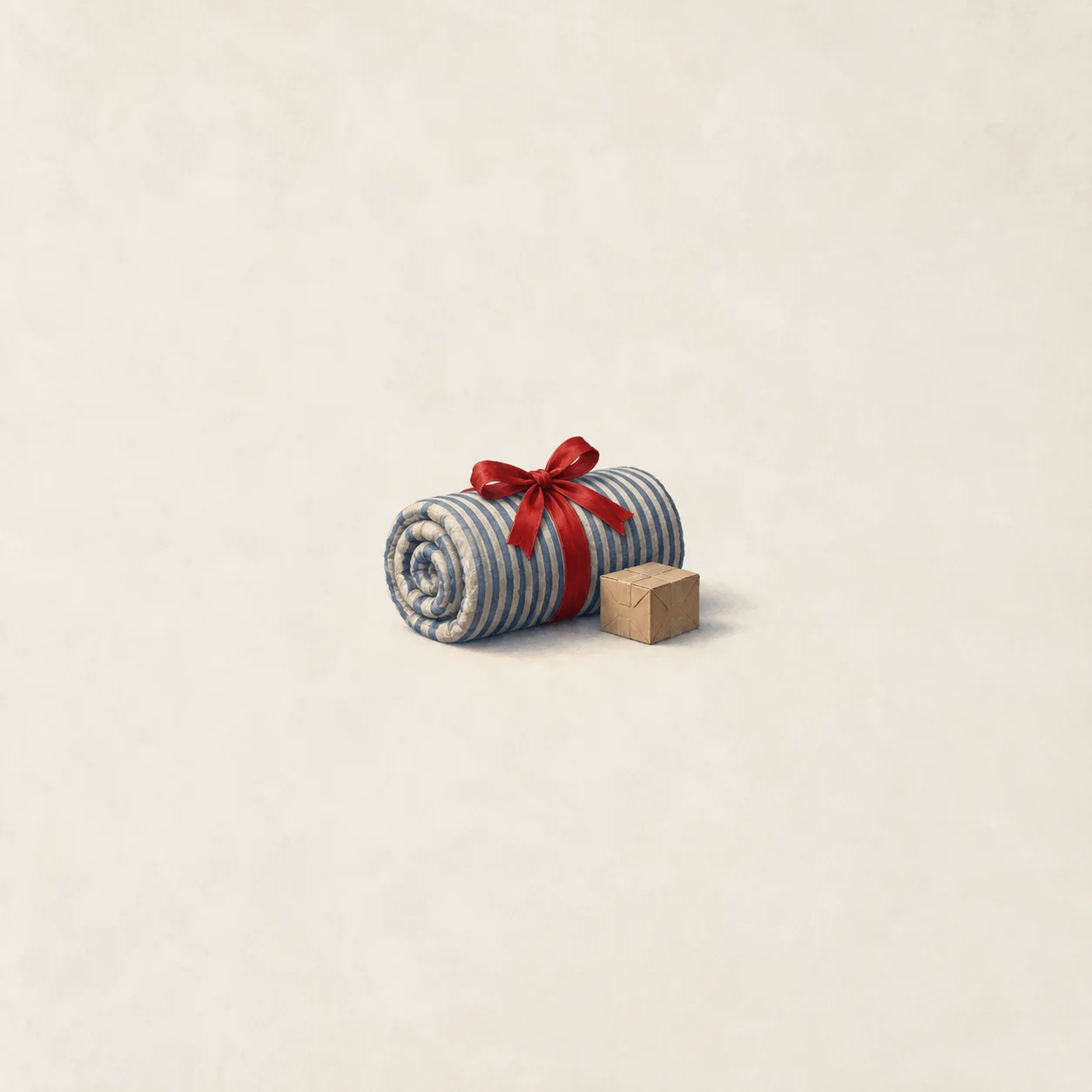 A small rolled mattress with blue stripes tied with a red bow, next to a little cardboard box.