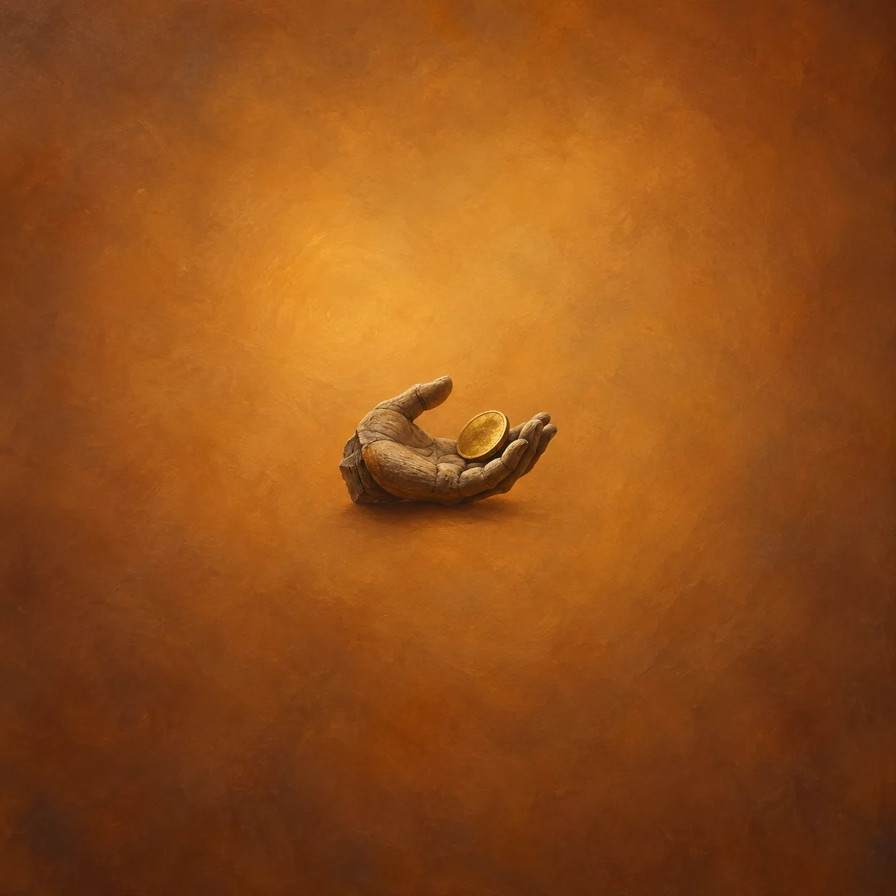 Painterly carved wooden hand holding a gold coin against an amber background.
