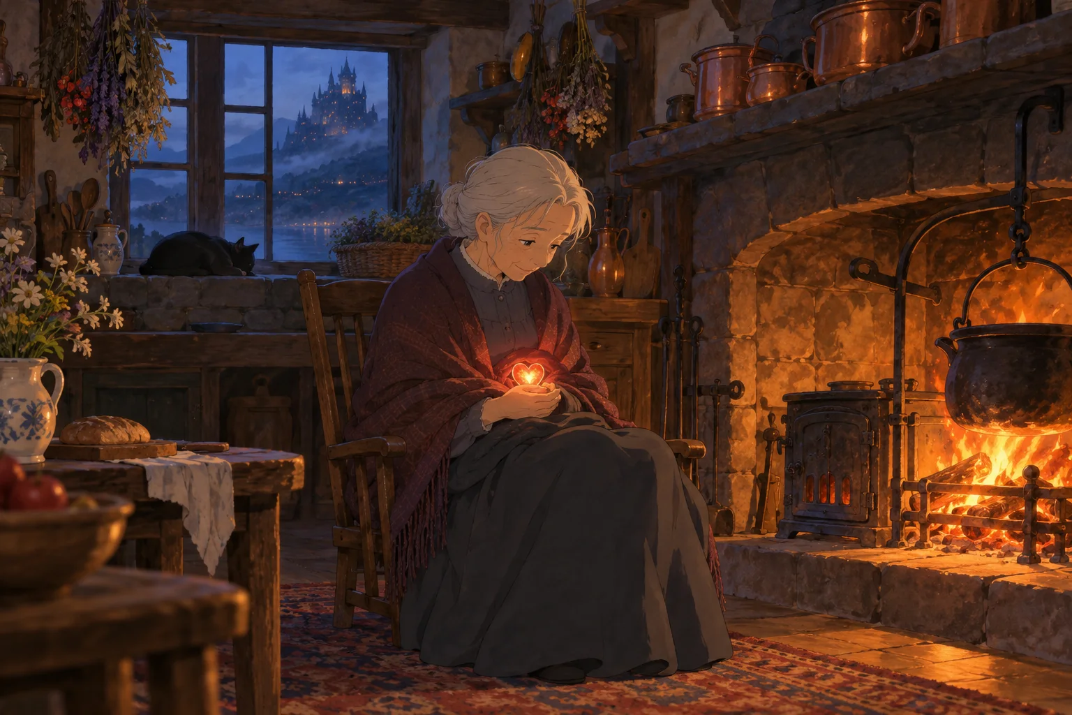 Anime illustration: an elderly white-haired woman in a plum shawl sits smiling in a rocking chair by a roaring hearth, cradling a tiny glowing heart in her hands, with a sleeping black cat and a distant lit castle visible through the window.
