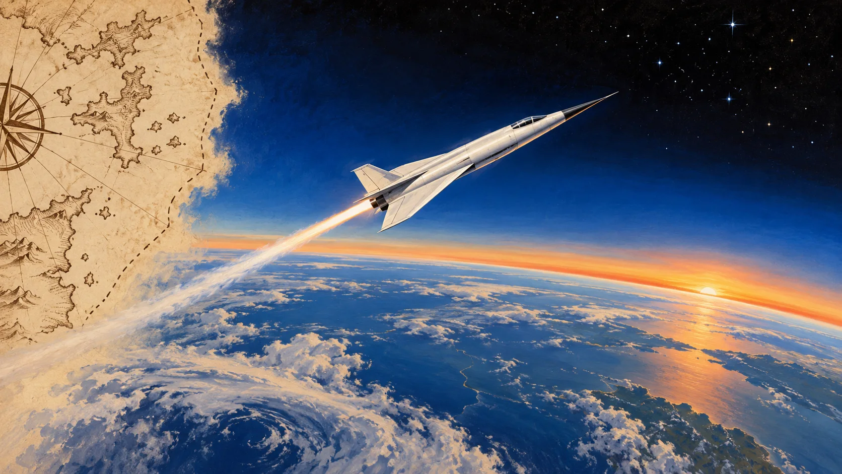 A sleek white rocket-plane climbs past the edge of the atmosphere above the curve of Earth, an old parchment map peeling away at the side.