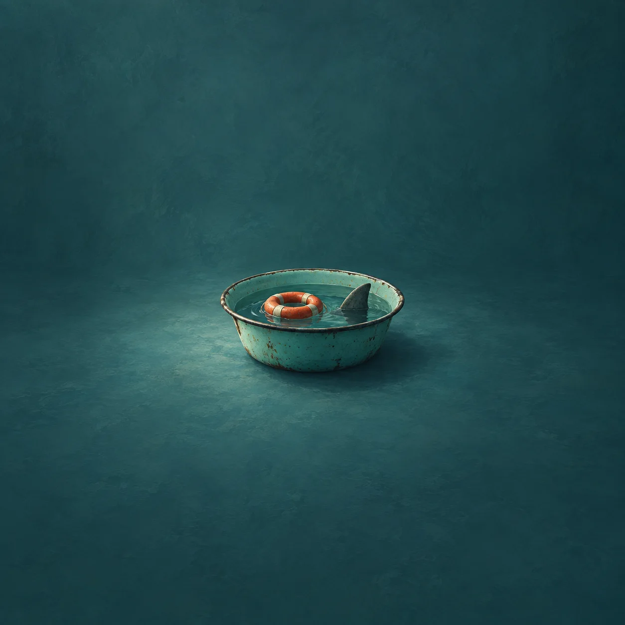 An orange life ring and a dark fin-shaped stone in a teal basin of water.