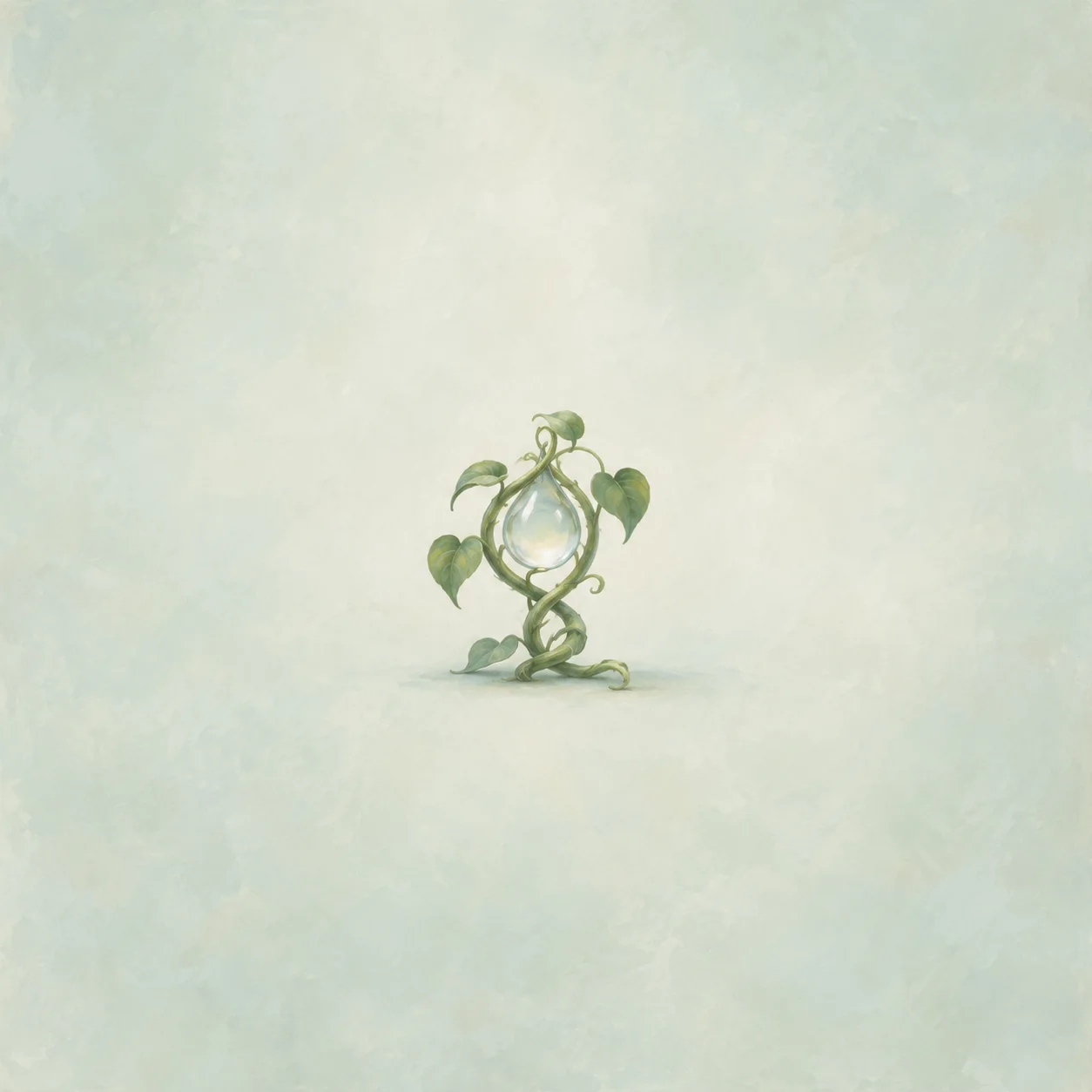 Two intertwined celadon vines holding a clear pearly water droplet