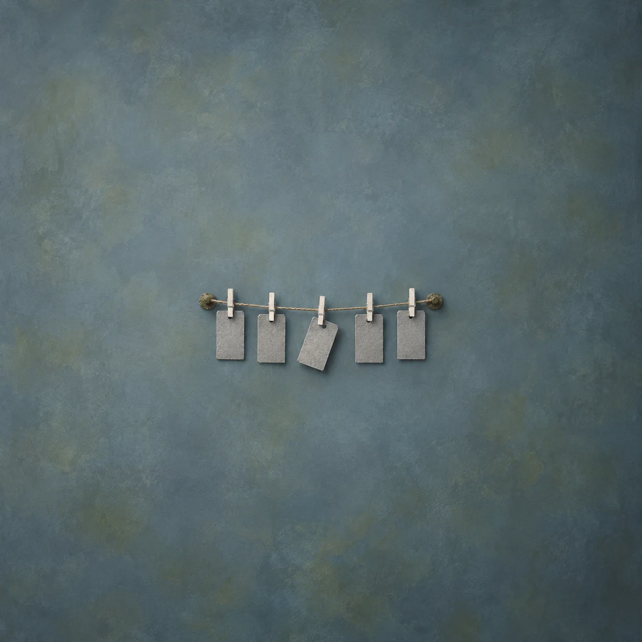 Clothes pegs hold a row of blank grey paper tags, one hanging crooked, against a steel-blue background.