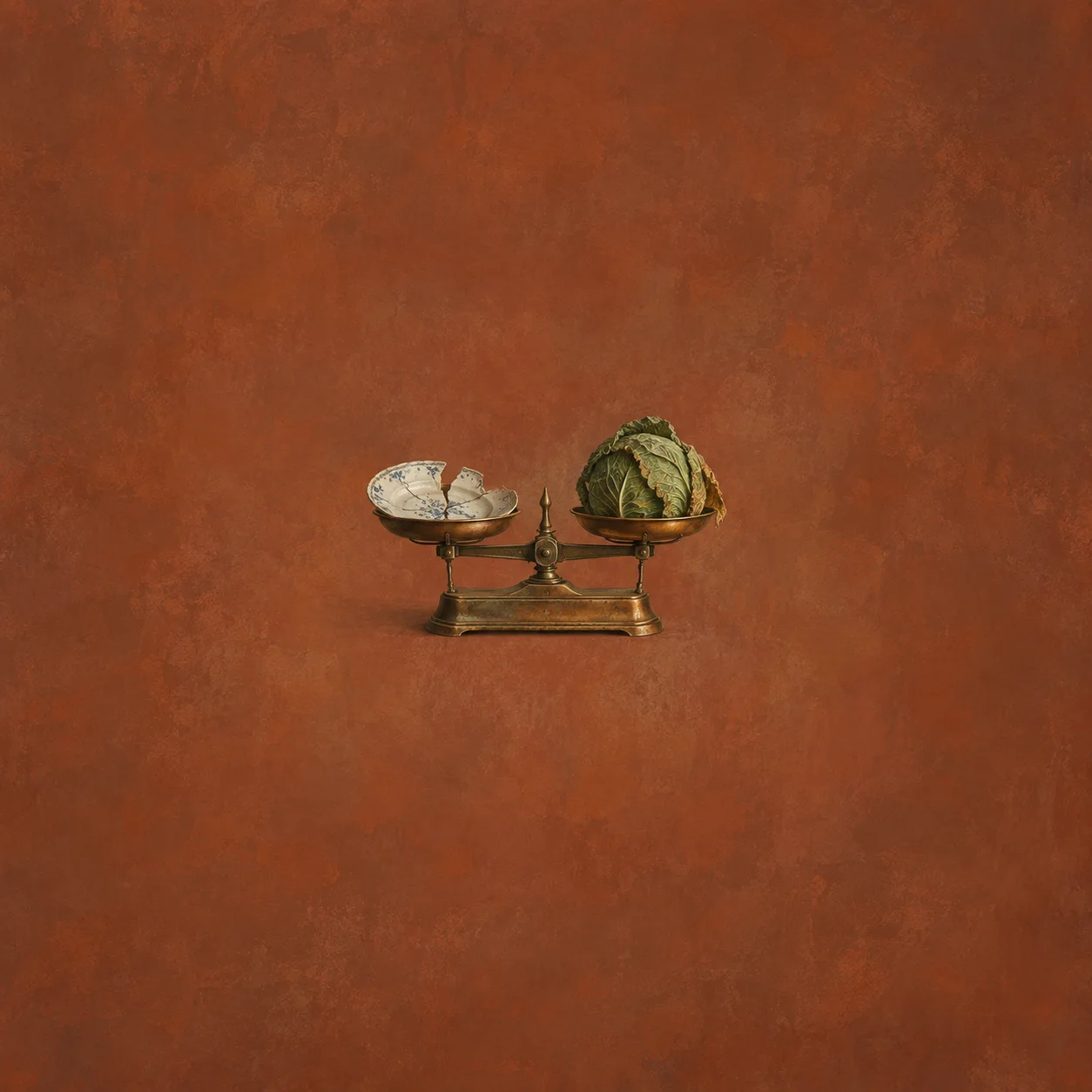 Brass kitchen scales hold broken white crockery in one pan and a wilted cabbage in the other.
