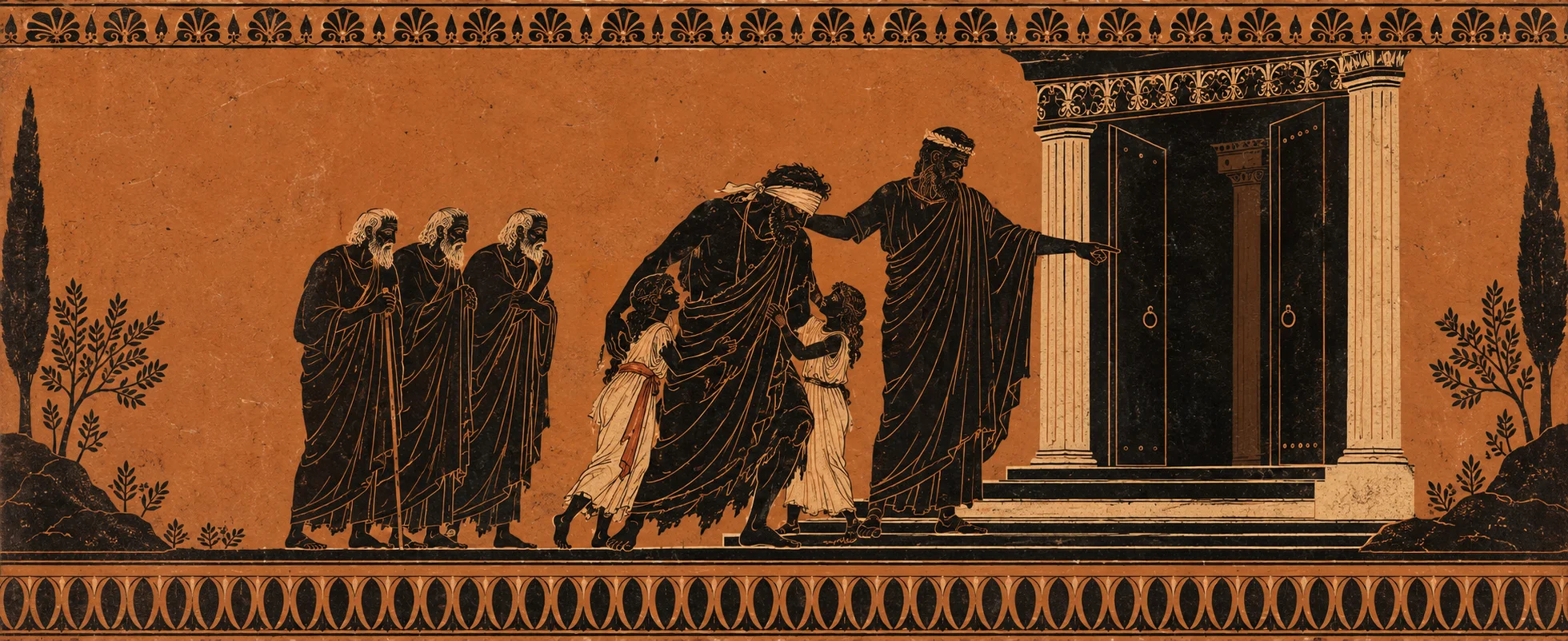 In the style of an ancient Greek vase painting, a blinded king stumbles down the palace steps clutching his two small daughters while a sober older man guides him and robed elders watch.