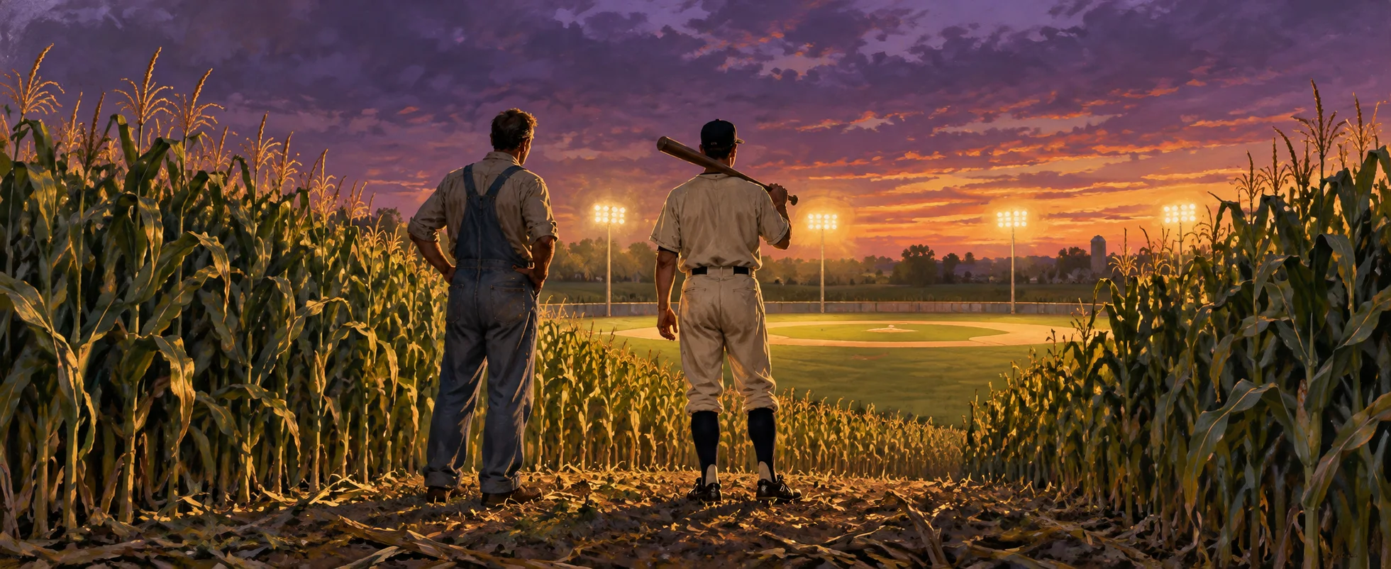 A farmer and a ballplayer in an old white uniform stand at the edge of the corn looking out at a lit baseball diamond at dusk.