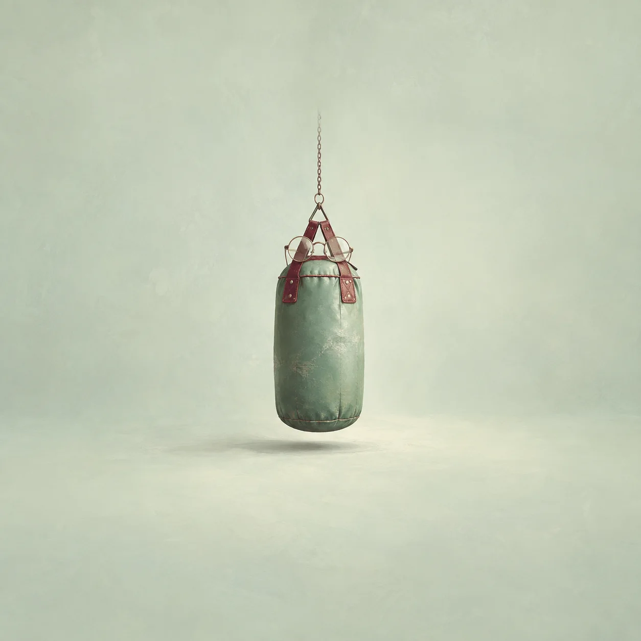A mint-green punching bag suspended from a chain, with round wire spectacles near its top against a pale green background.