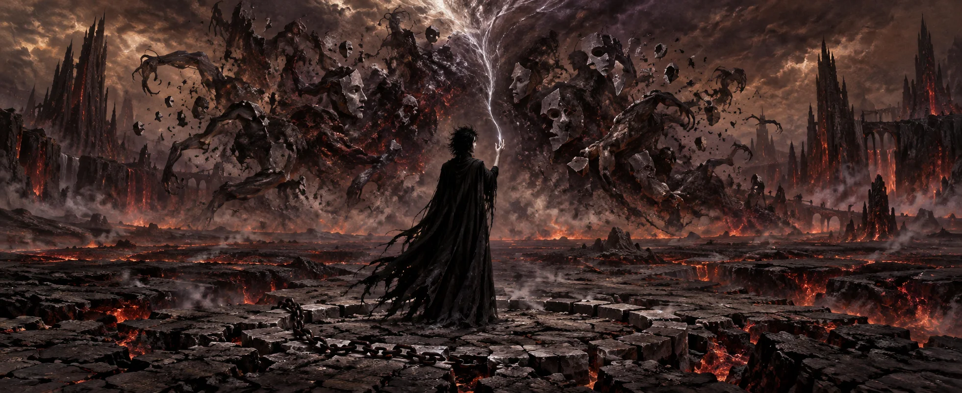 A gaunt figure in a long black cloak stands on a cracked plain of ash in Hell, facing a vast demon that keeps breaking into shifting shapes.