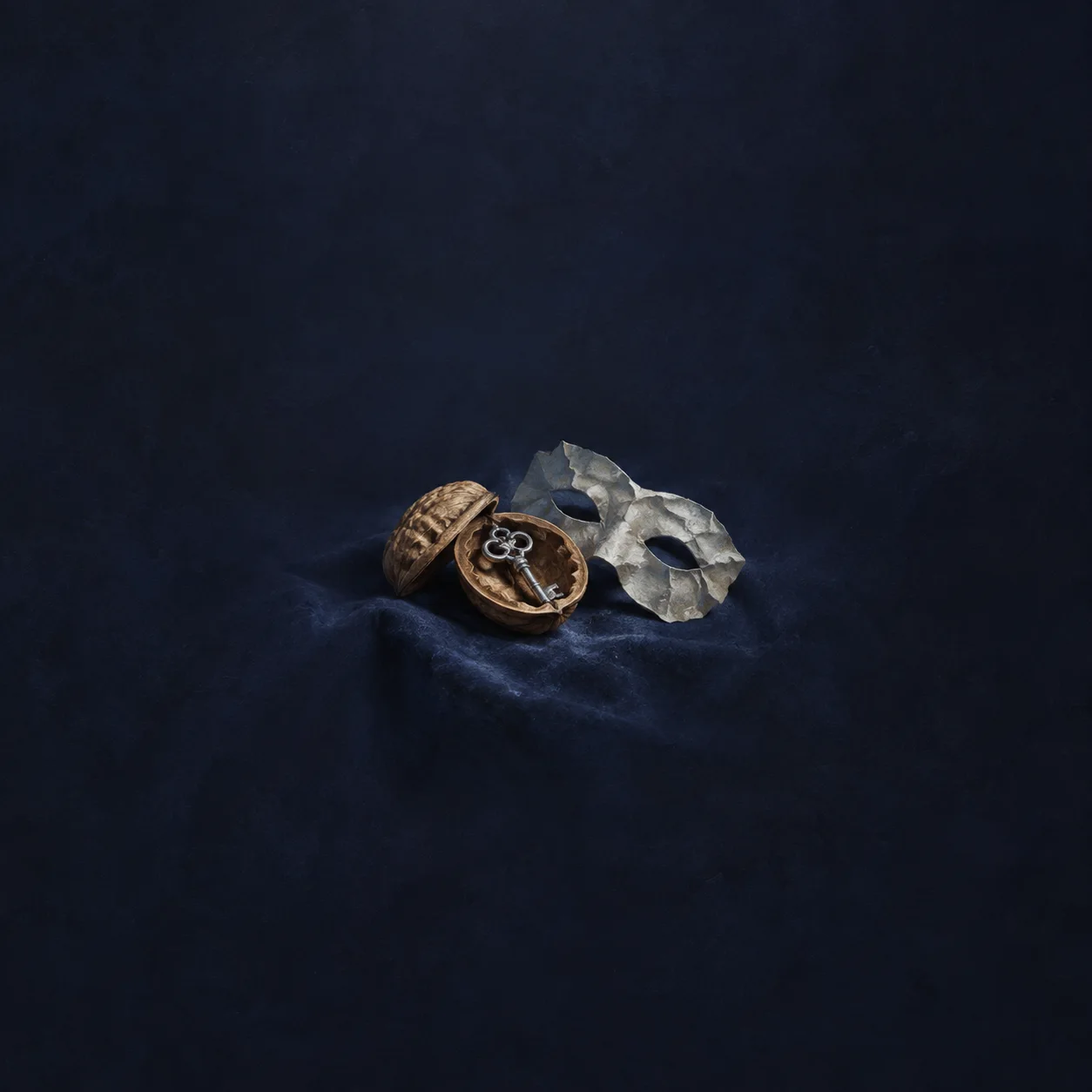 A small silver key inside an open walnut shell beside a crumpled paper mask on indigo cloth.
