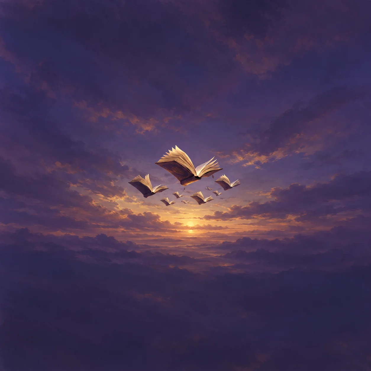 Several open books float like birds above clouds in a violet and golden sunset sky.