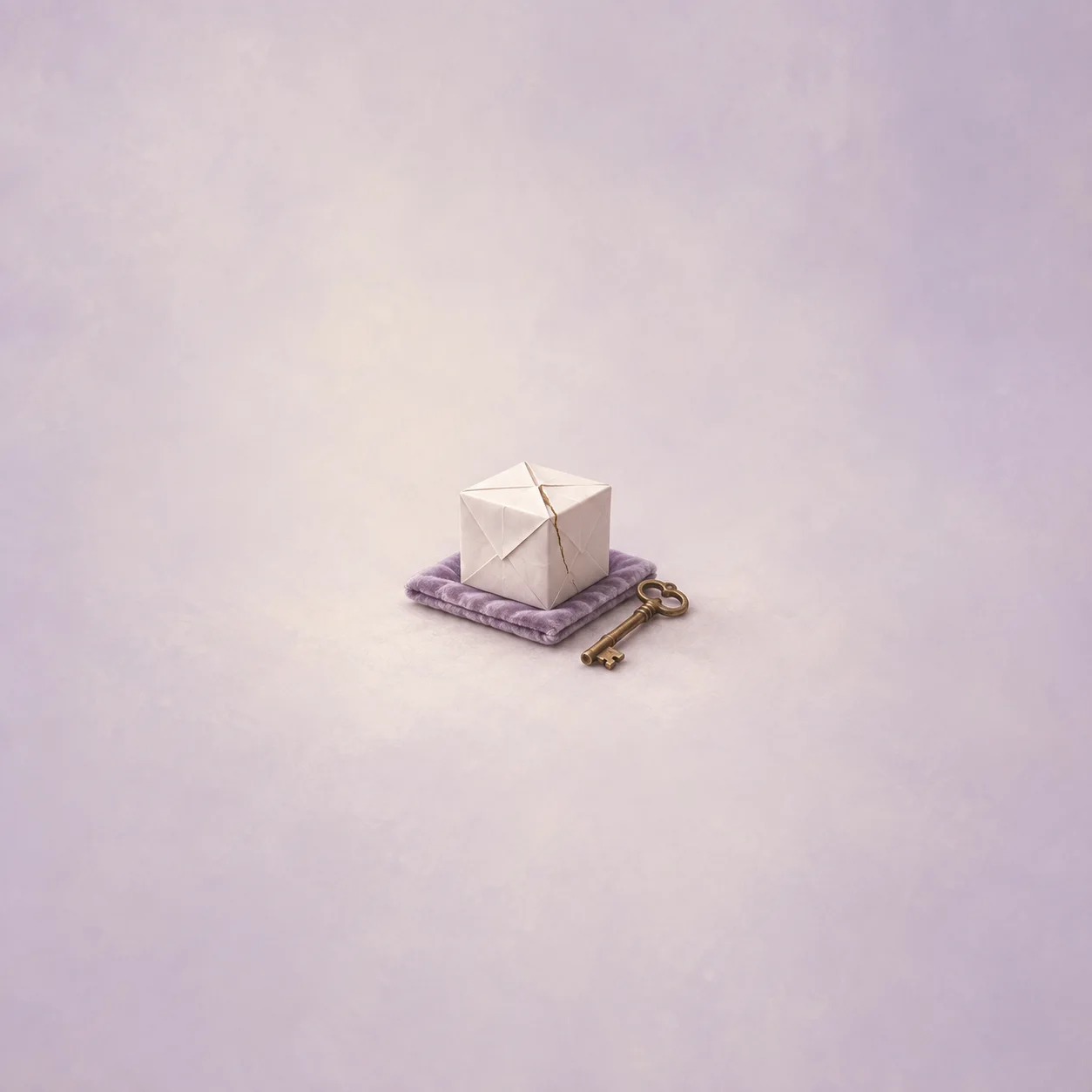 A folded white paper box with a split across its top rests on purple fabric beside a brass key.