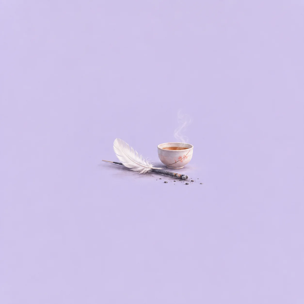A white feather rests beside a spent sparkler and a steaming teacup on lavender.