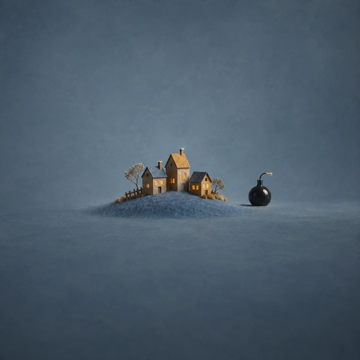 Three miniature houses stand on a low blue mound beside a small black spherical bomb with a curved fuse.