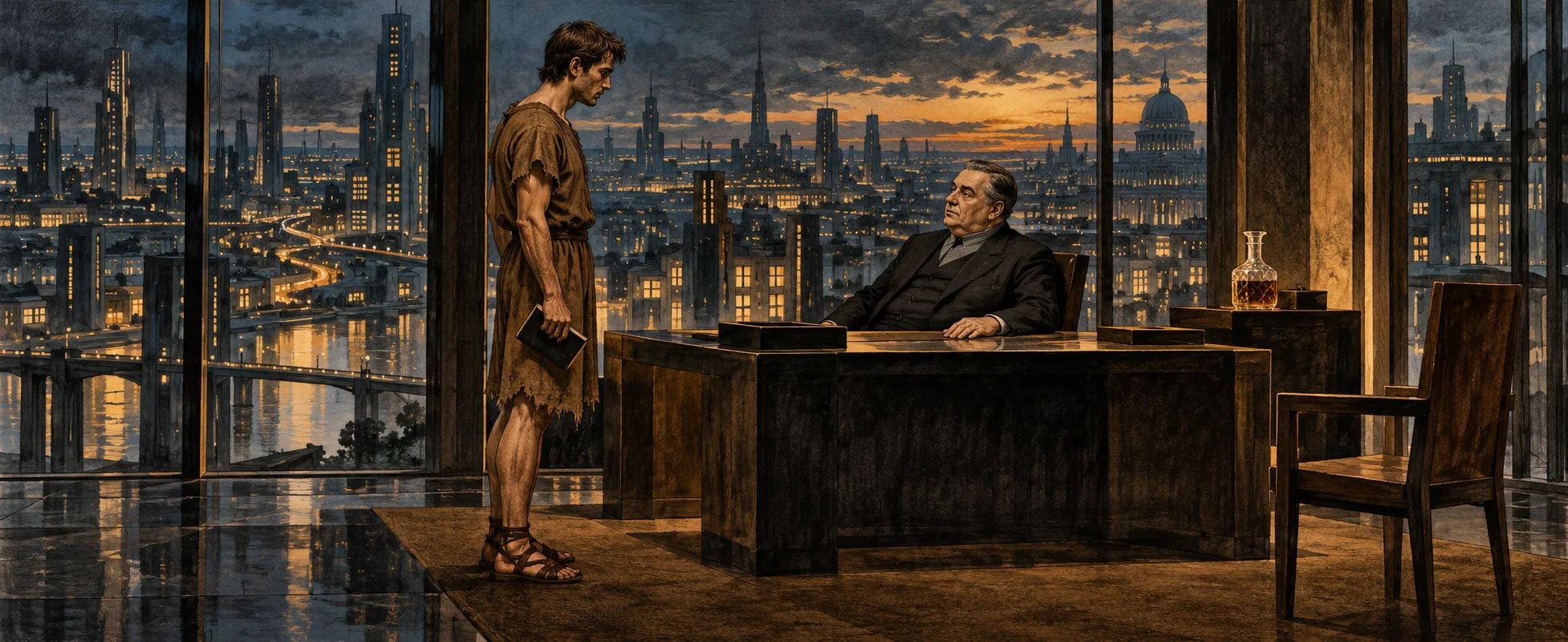 A young man in a rough tunic and sandals, clutching a book, faces a heavy-set official at a desk in a glass office above a glittering city at dusk.