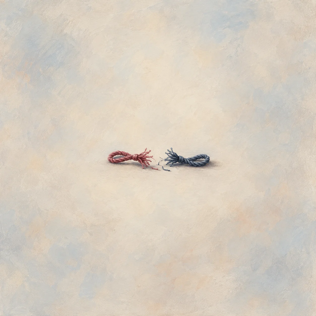 Two separate frayed friendship cords, rose and slate, with their cut ends visible