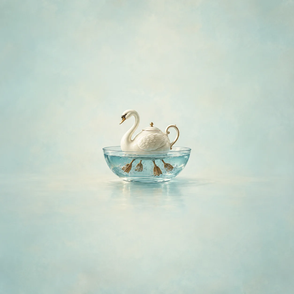 A white swan-shaped teapot rests in a glass bowl of water with small wooden paddles visible beneath it.
