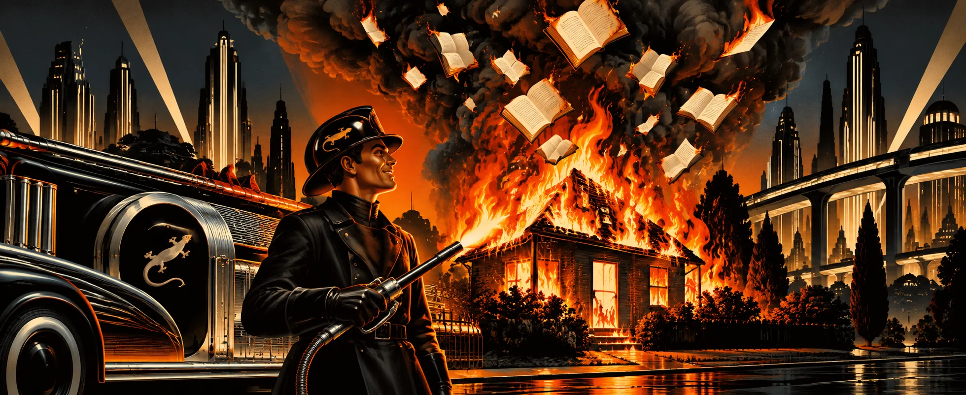 A grinning fireman in a black uniform and helmet sprays flame at a burning house as pages of books whirl up into the smoke, a black fire engine beside him.