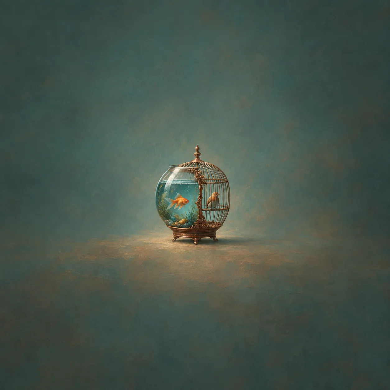 Painterly round glass fishbowl containing an orange fish joined to a small birdcage against teal.