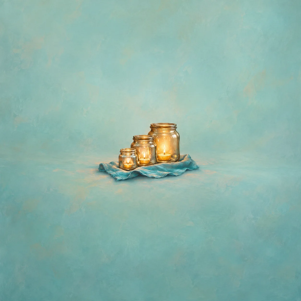 Three glass jars of different sizes glow amber on rumpled turquoise cloth.