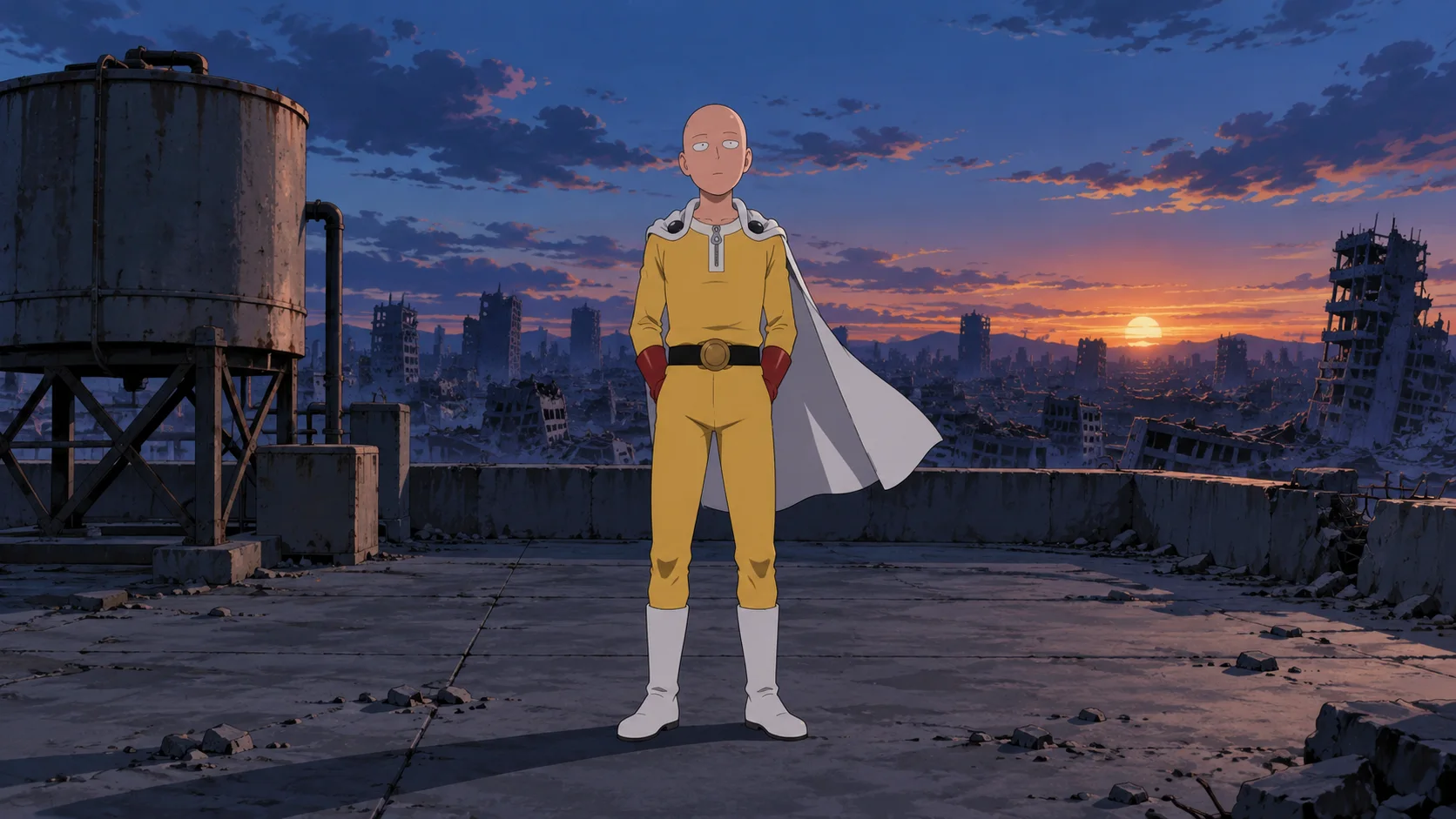 Anime illustration: a bald, deadpan man in a yellow jumpsuit, white cape, red gloves and white boots stands with his hands behind his back on a rooftop, overlooking a ruined city under a dusky purple sunset.