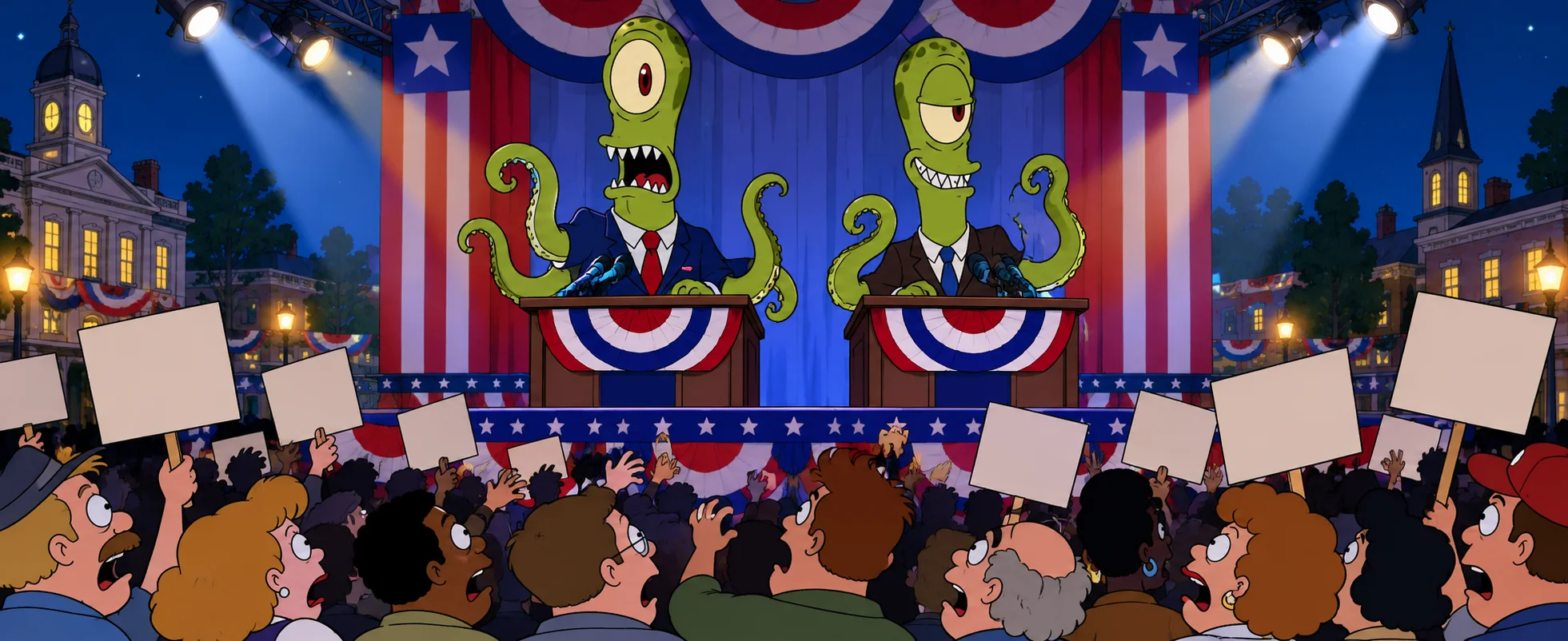 Two green one-eyed tentacled aliens stand at twin podiums on a patriotic election stage before a shocked crowd.