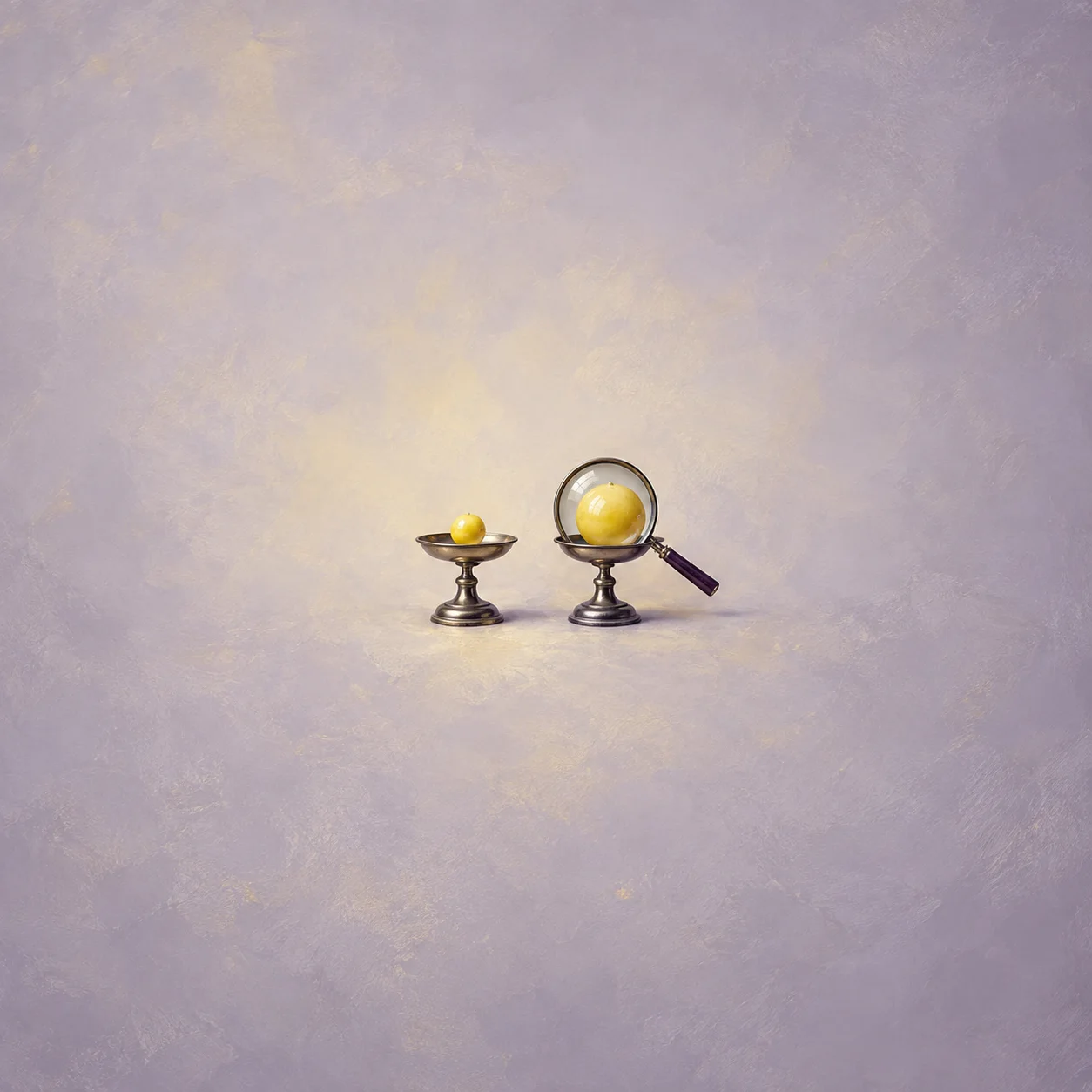 Two yellow beads sit on small metal pedestal dishes, one seen through a magnifying glass.