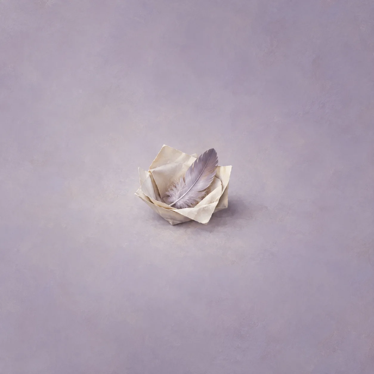 A pale lavender feather rests in a nest-like fold of blank cream paper against a lavender background.