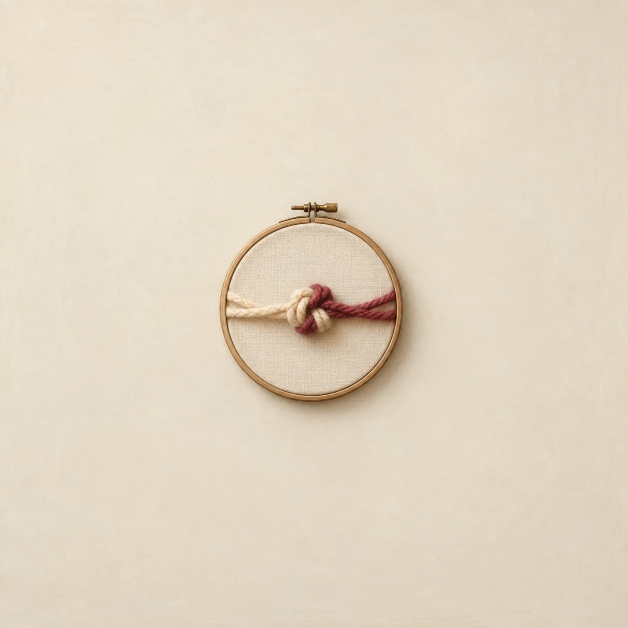 Painterly cream and red cords tied together across a wooden embroidery hoop.