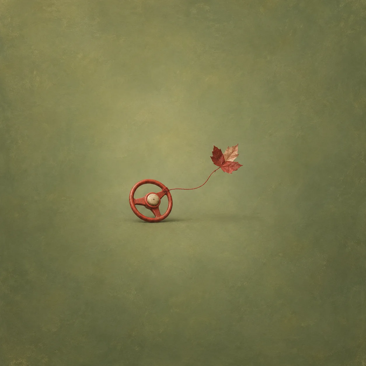 A toy steering wheel with a thin red thread leading to a suspended red leaf on a moss-green background.