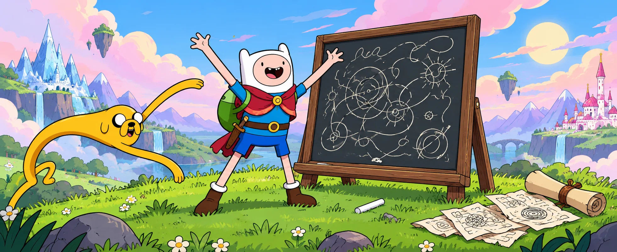 A boy in a white bear-eared hat cheers with both arms up beside a chalkboard of loopy scribbles on a candy-coloured hilltop, a stretchy yellow dog bounding beside him.