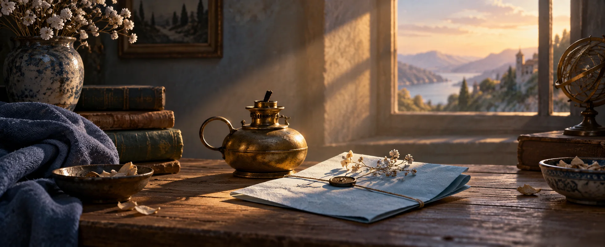 A small round brass teapot sits beside pale-blue folded paper on a wooden desk in warm sunlight.