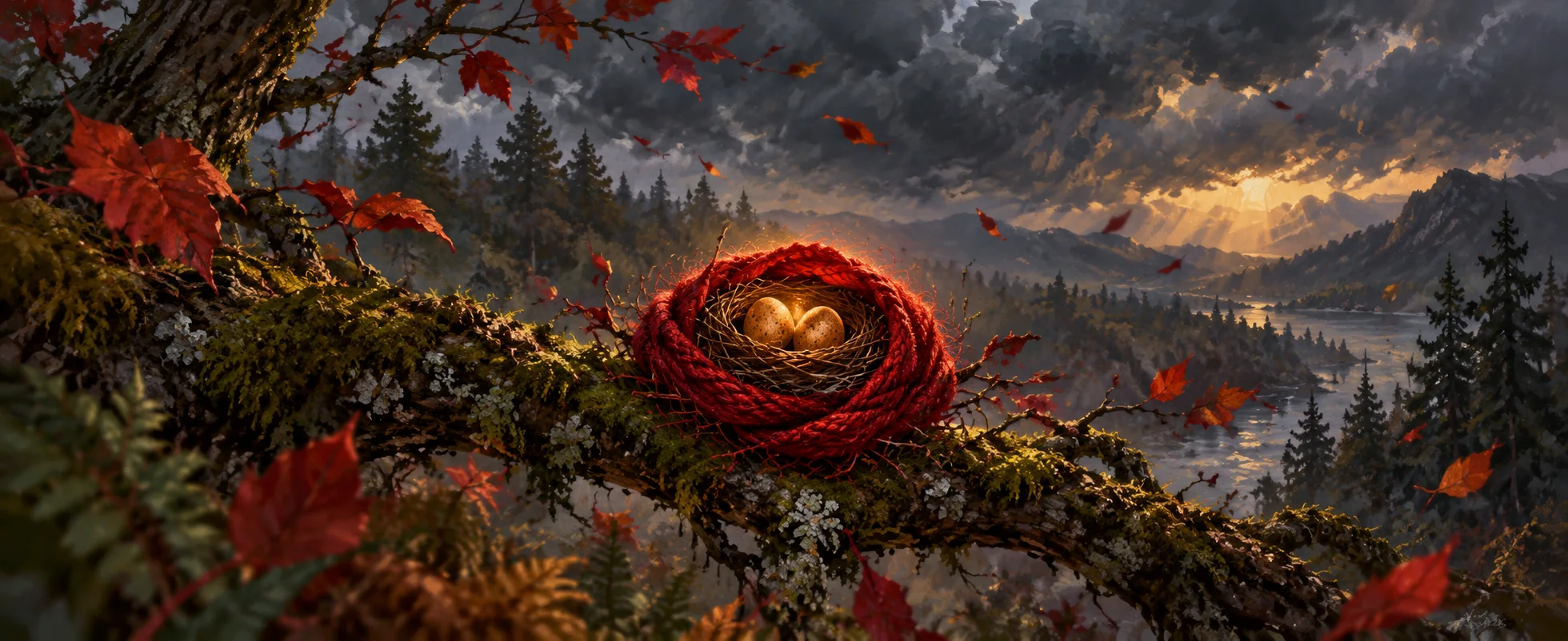 A nest holding two amber eggs sits inside a protective ring of red wool on a mossy branch in a stormy woodland.