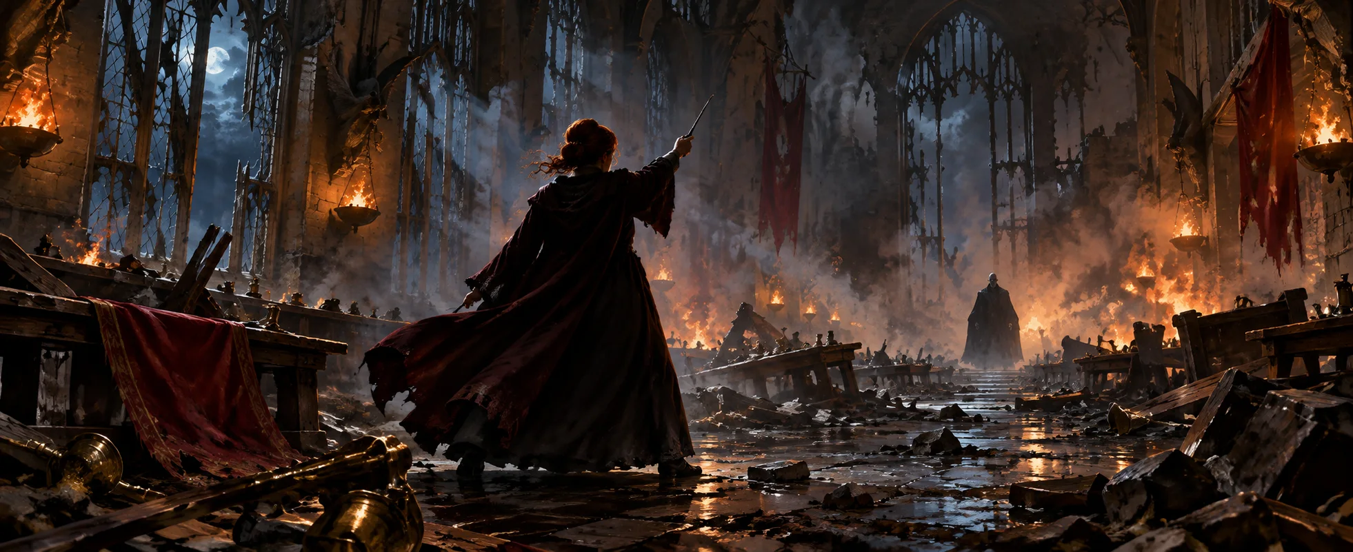 A witch in a dark robe raises her wand in a wrecked, burning great hall at night.