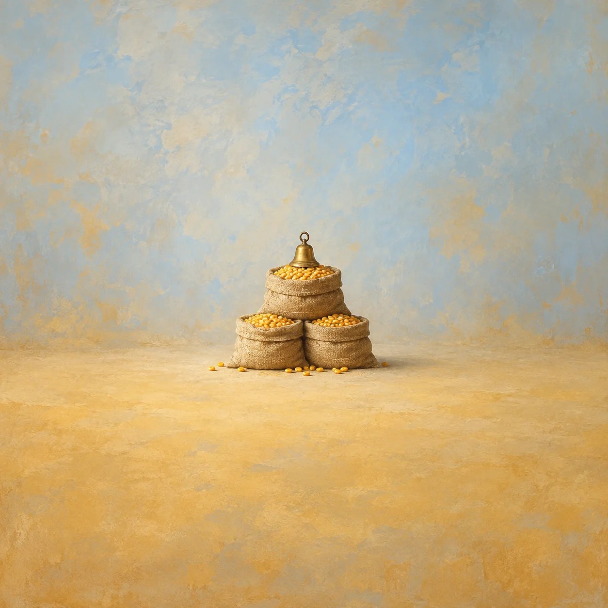 Three stacked sacks of golden maize with a small brass bell on top, against a pale blue background.